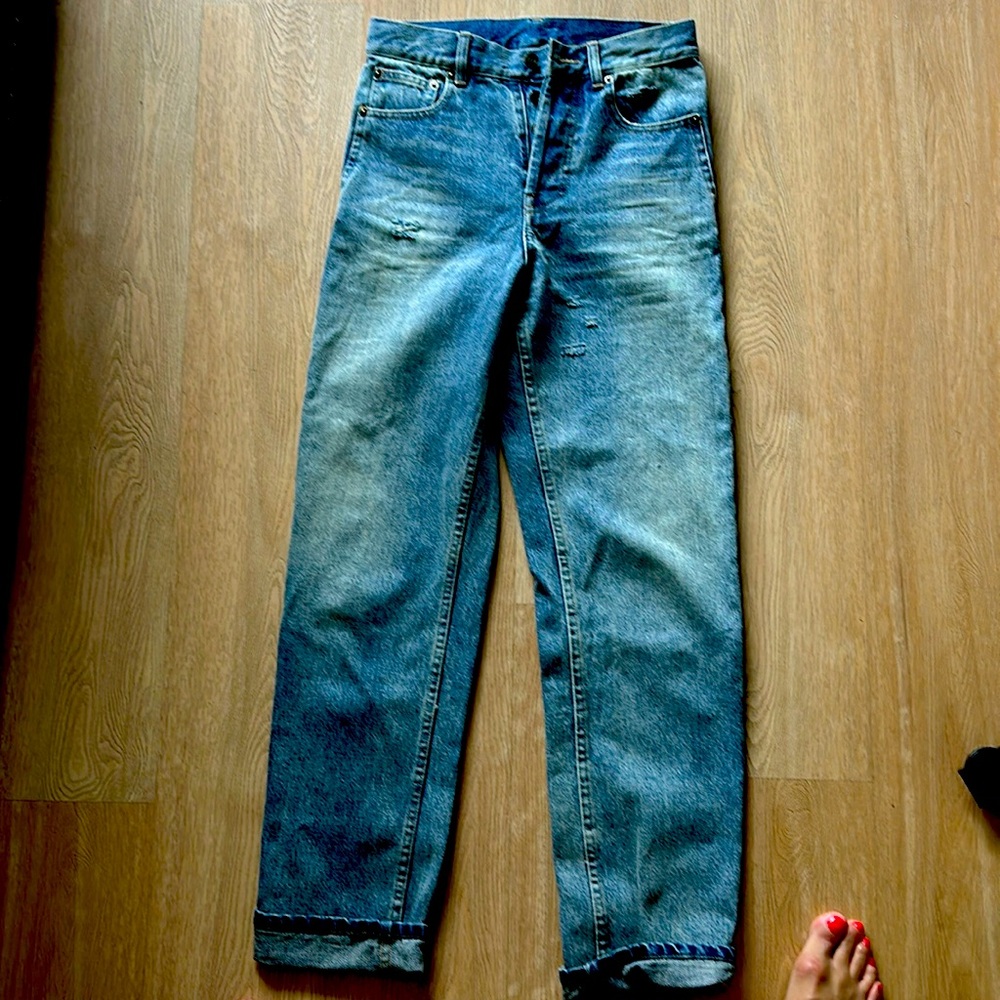 Saint Laurent distressed embroidered denim